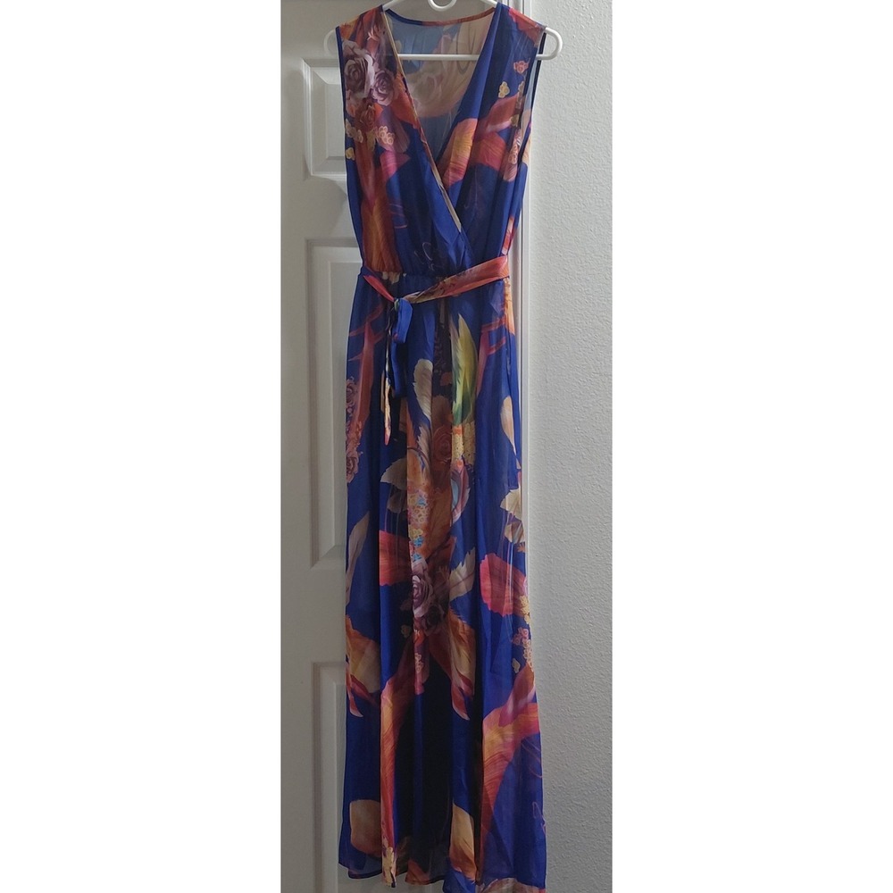 Women's XL Blue Floral Maxi Dress Sleeveless V Neck Removable Belt NEW